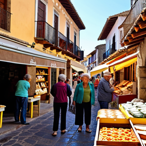Home 19 "The Economic Pulse of Organized Tourism"**
A vibrant, bustling scene in a picturesque Spanish rural village or an artisan market. Tourists of diverse ages are joyfully interacting with local vendors at stalls laden with traditional products like colorful ceramics, freshly baked bread, and artisan cheese. Sunlight streams onto the lively street, highlighting the smiles on the faces of the vendors, symbolizing prosperity and the direct economic injection from tourism. In the background, traditional Spanish architecture, possibly with a hint of a mountain range like Gredos or the rolling hills of Andalusia. Focus on warm, inviting colors and detailed textures.
2. **Prompt for