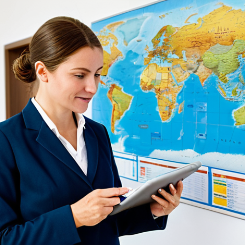 Home 17 Careful Travel Planning**
A woman in professional attire, standing in front of a world map in a brightly lit travel agency. She's holding a travel guide and consulting a tablet showing flight details. Around her are brochures for various destinations. The scene emphasizes research and preparedness. Fully clothed, appropriate attire, safe for work, perfect anatomy, natural proportions, professional photography, high quality, family-friendly.
**