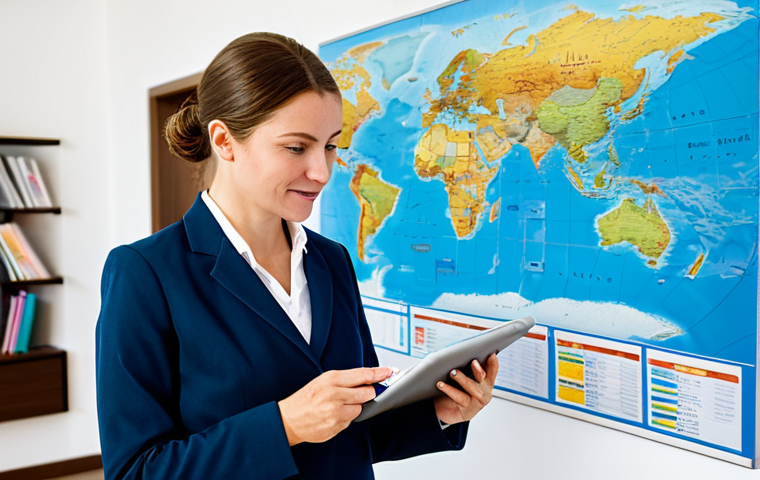 Careful Travel Planning**

A woman in professional attire, standing in front of a world map in a brightly lit travel agency. She's holding a travel guide and consulting a tablet showing flight details. Around her are brochures for various destinations. The scene emphasizes research and preparedness. Fully clothed, appropriate attire, safe for work, perfect anatomy, natural proportions, professional photography, high quality, family-friendly.

**
