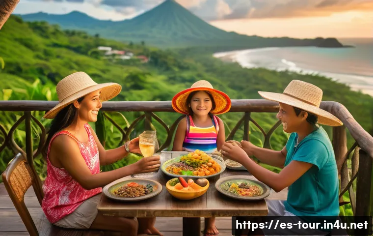 관광 마케팅 전략 - A vibrant scene depicting a Spanish family enjoying a personalized coastal adventure in Costa Rica: ...