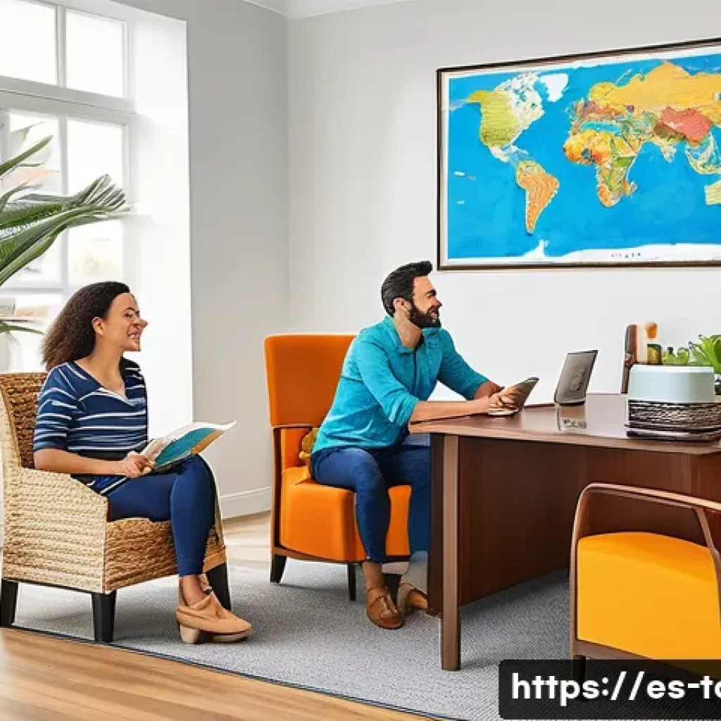 해외여행 패키지 상품 - A vibrant travel agency office scene designed for Spanish-speaking clients, featuring a diverse grou...