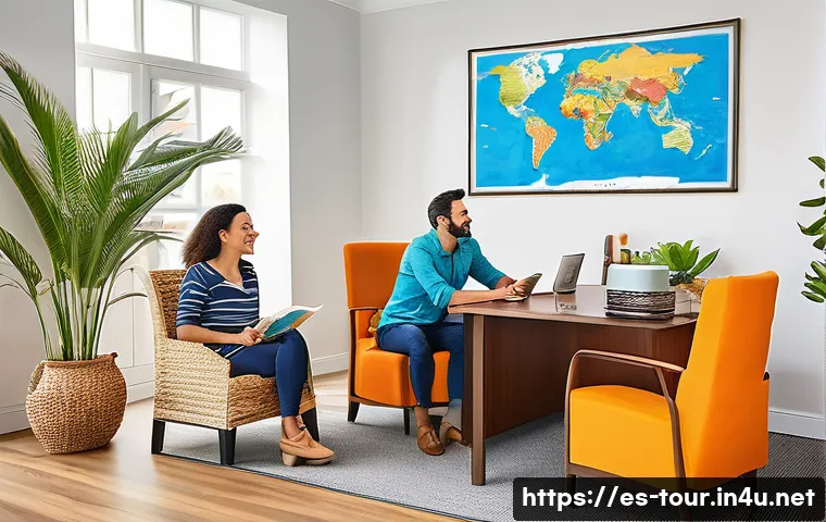 해외여행 패키지 상품 - A vibrant travel agency office scene designed for Spanish-speaking clients, featuring a diverse grou...