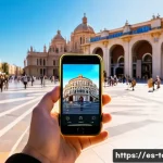 인바운드 관광 산업 - A vibrant urban scene in Valencia, Spain, showcasing a group of diverse tourists using mobile apps o...