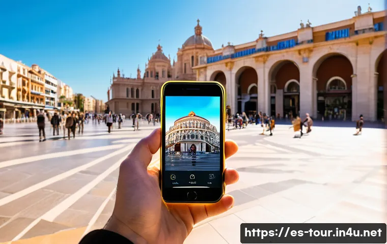 인바운드 관광 산업 - A vibrant urban scene in Valencia, Spain, showcasing a group of diverse tourists using mobile apps o...