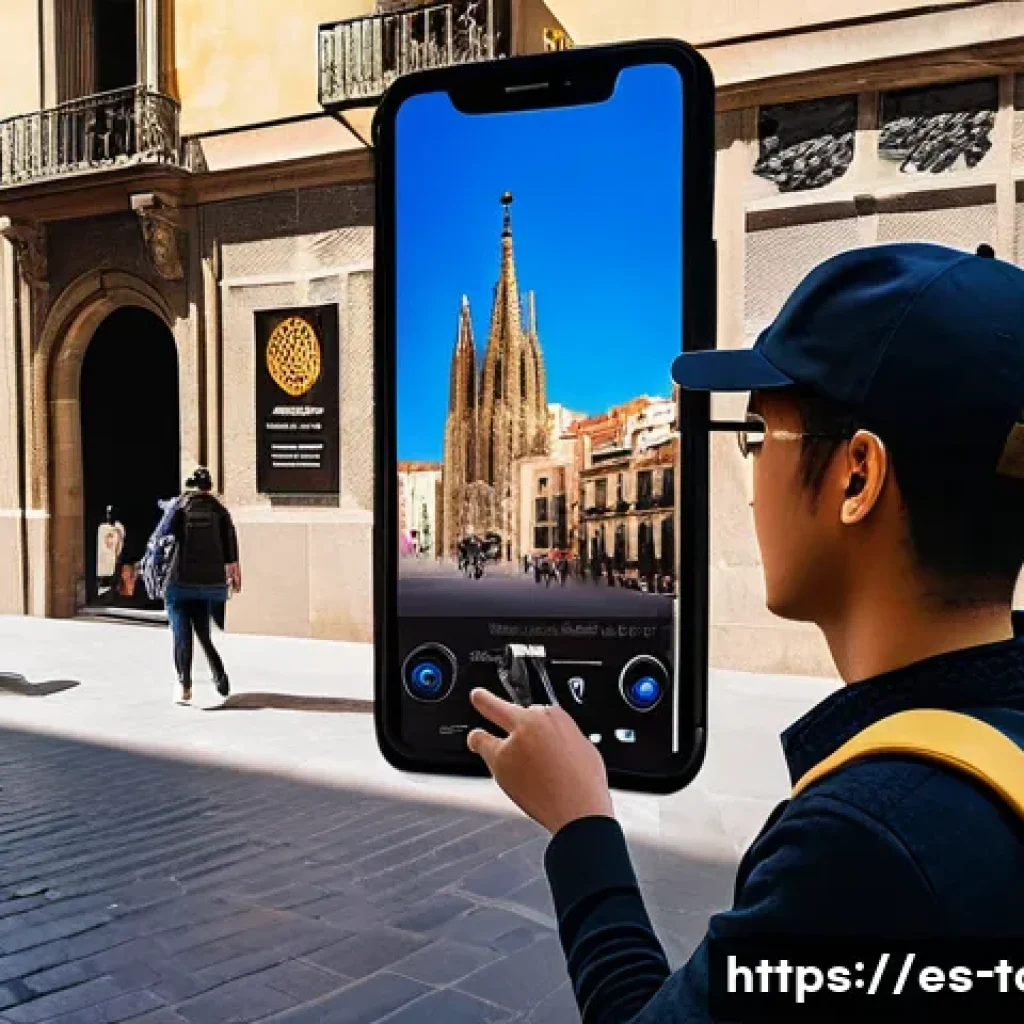 관광 테크놀로지 - A vibrant urban scene in Barcelona, Spain, featuring a young traveler using a smartphone app that ov...