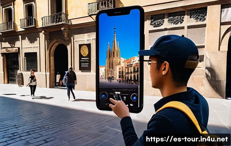 관광 테크놀로지 - A vibrant urban scene in Barcelona, Spain, featuring a young traveler using a smartphone app that ov...