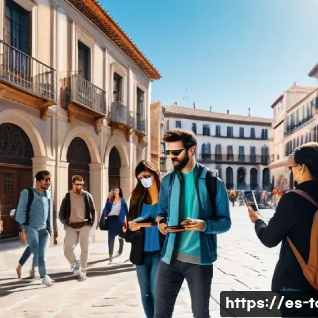 관광업의 미래 전망 - A futuristic urban scene in a Spanish city featuring diverse tourists using augmented reality glasse...