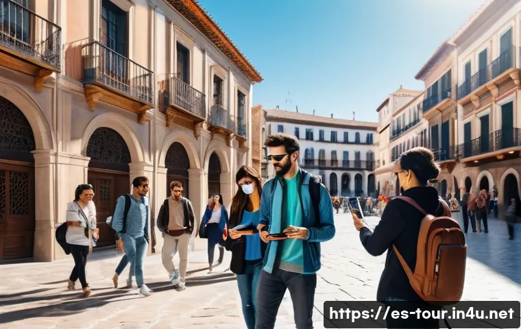 관광업의 미래 전망 - A futuristic urban scene in a Spanish city featuring diverse tourists using augmented reality glasse...