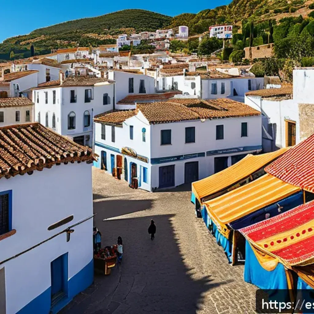 지속 가능한 관광 모델 - A vibrant outdoor market scene in a small Spanish village where local artisans and farmers sell trad...