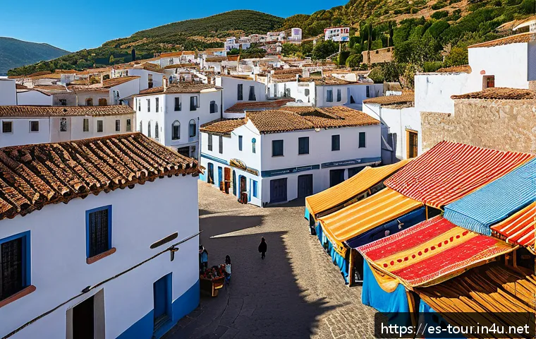 지속 가능한 관광 모델 - A vibrant outdoor market scene in a small Spanish village where local artisans and farmers sell trad...