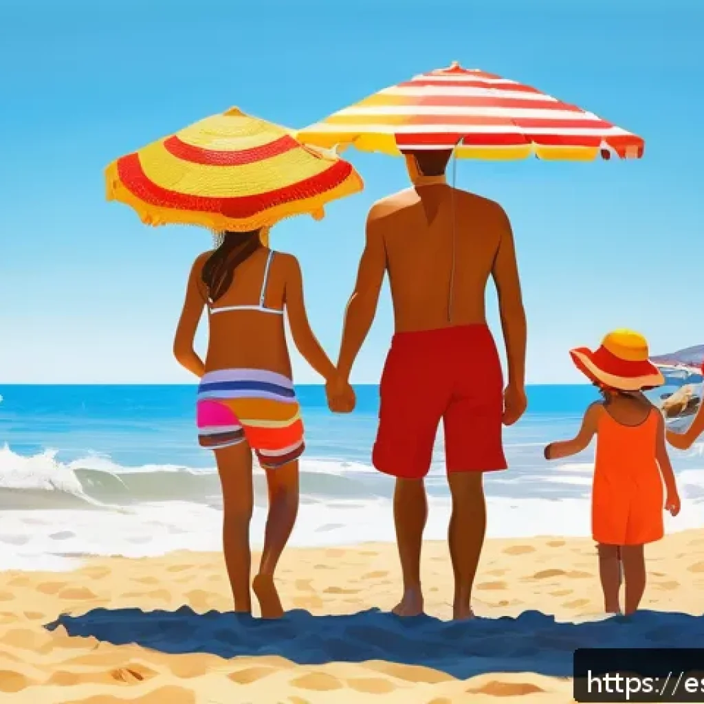 관광 마케팅과 소비자 행동 - A vibrant family scene at a sunny Costa del Sol beach in Spain, showing parents and children happily...