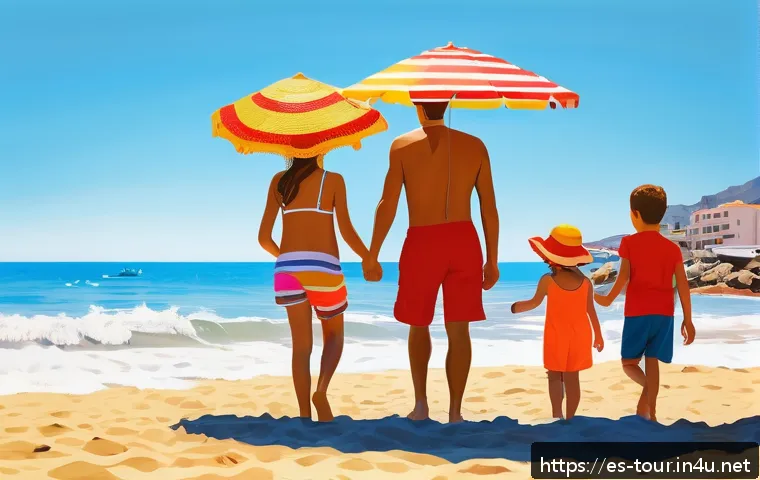 관광 마케팅과 소비자 행동 - A vibrant family scene at a sunny Costa del Sol beach in Spain, showing parents and children happily...