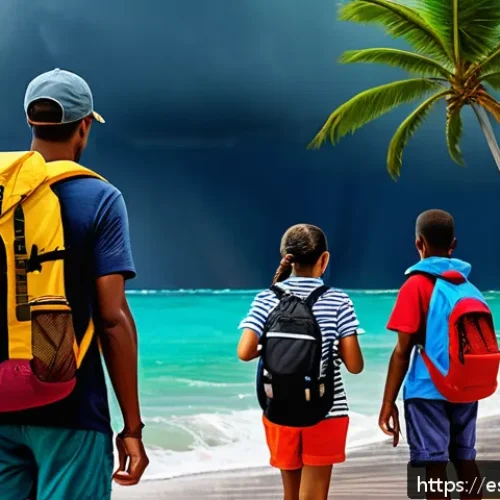 관광 위험 관리 - A vibrant Caribbean coastal scene during hurricane season, showing a family dressed in casual travel...