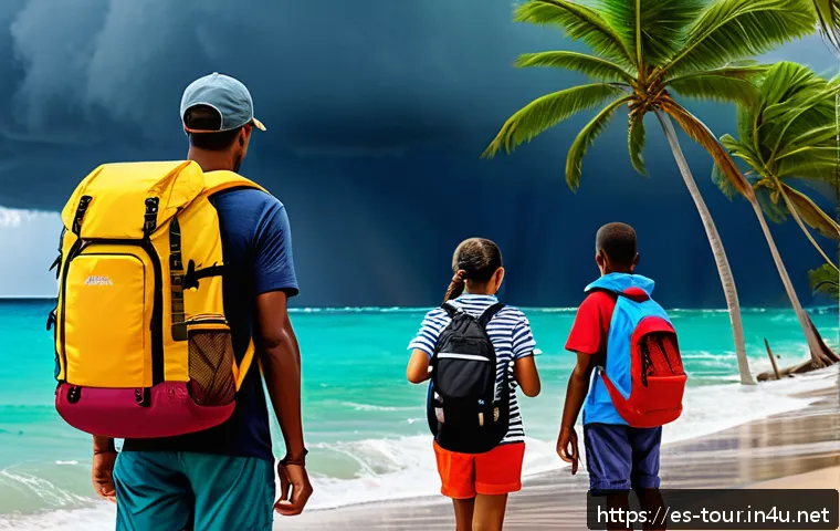 관광 위험 관리 - A vibrant Caribbean coastal scene during hurricane season, showing a family dressed in casual travel...