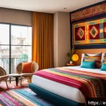 호텔 경영 전략 - A modern boutique hotel room in Mexico City, featuring local artisanal decorations with vibrant colo...