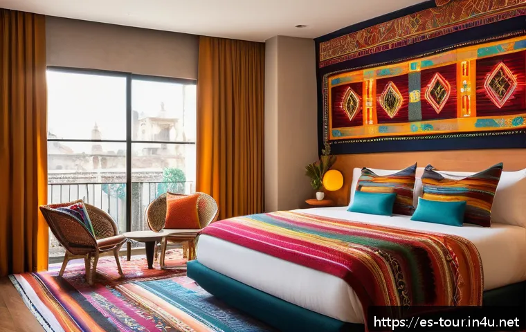 호텔 경영 전략 - A modern boutique hotel room in Mexico City, featuring local artisanal decorations with vibrant colo...