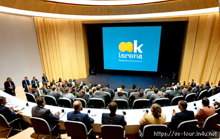 관광 학회 및 세미나 - Photorealistic tourism conference in a modern convention center in Barcelona, diverse adult travel i...