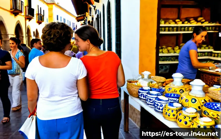 문화적 요인과 관광 소비 - Photorealistic travel market scene in Seville, Spain, a Spanish-speaking family choosing hand-painte...