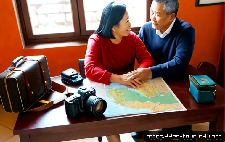 아시아 관광 시장 - Photorealistic travel planning scene for the Asian tourism market, Spanish-speaking couple in their ...