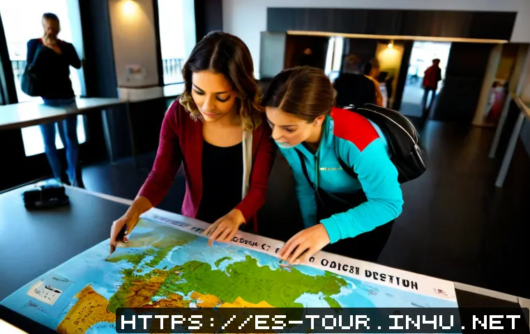 글로벌 관광 시장 - Photorealistic global tourism market scene in a bright modern travel agency in Madrid, diverse adult...